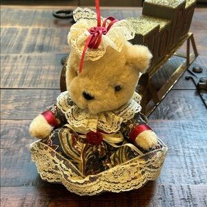 Anco Plush Teddy Bear 6.5” Paisley Print Dress 
Lace Ribbon Detail